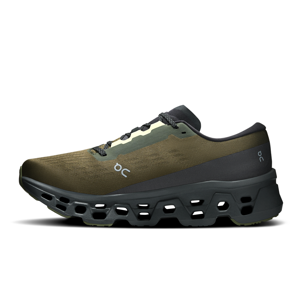 On Cloudmonster 3 running shoe in olive green with distinctive cloud sole technology