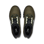 On Cloudmonster 3 running shoes in olive green and black colorway, top view