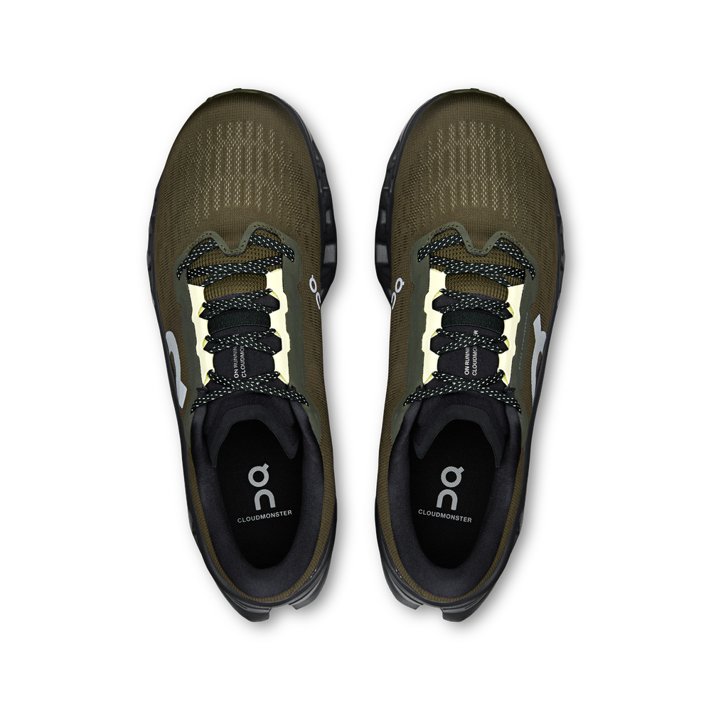 On Cloudmonster 3 running shoes in olive green and black colorway, top view