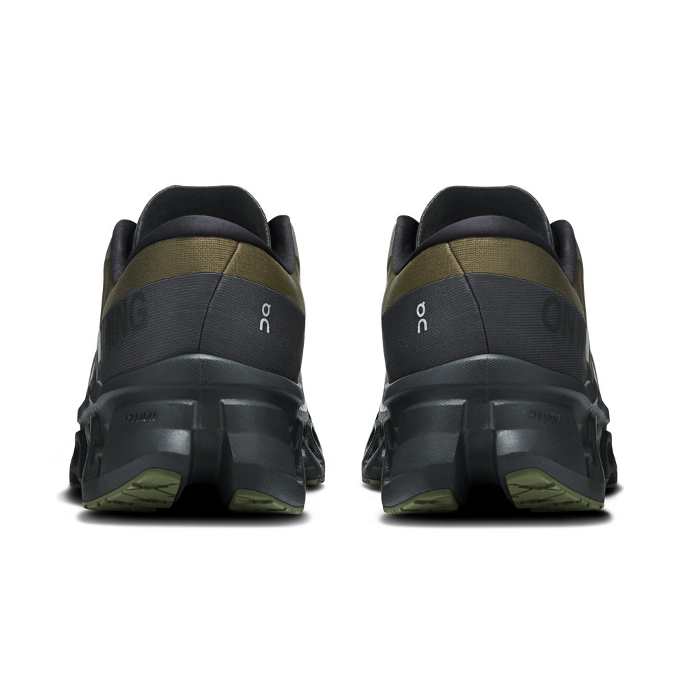 On Cloudmonster 3 men's running shoes in olive and eclipse colorway, rear view