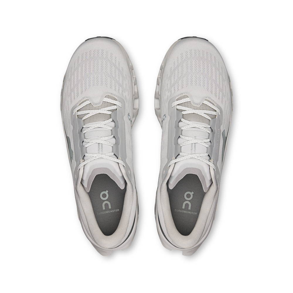 On Cloudmonster 3 running shoes in wolf gray colorway, top-down view showing mesh upper