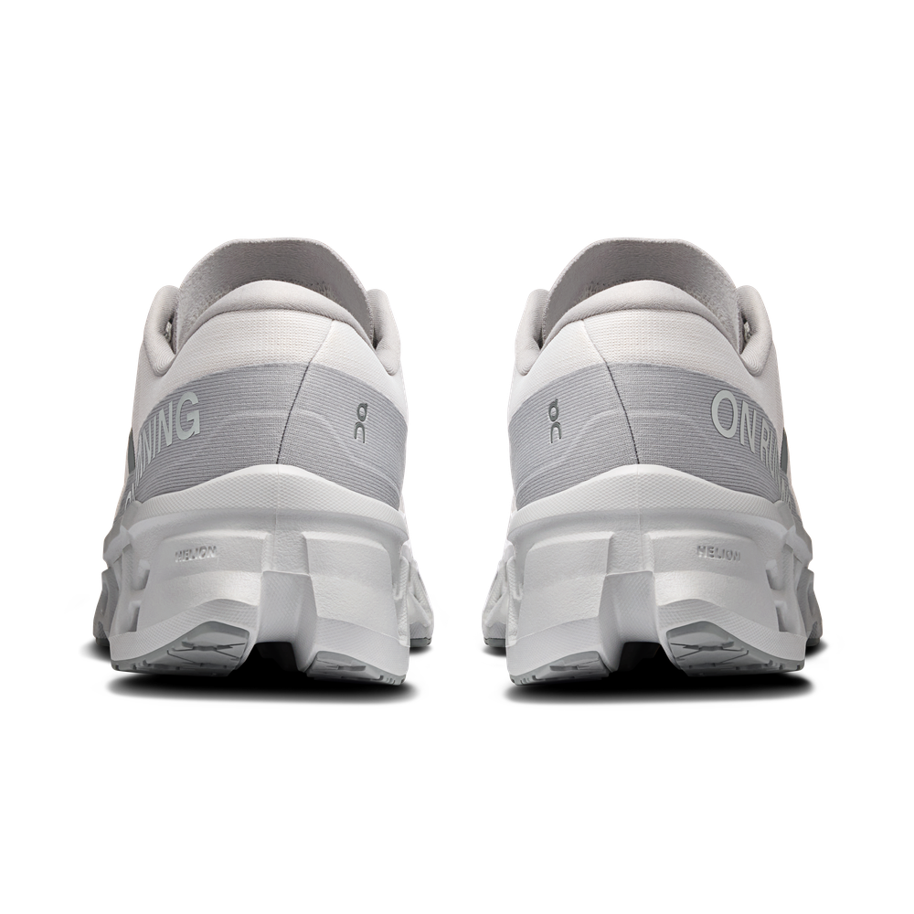On Cloudmonster 3 running shoes in wolf gray colorway, rear view showing heel design