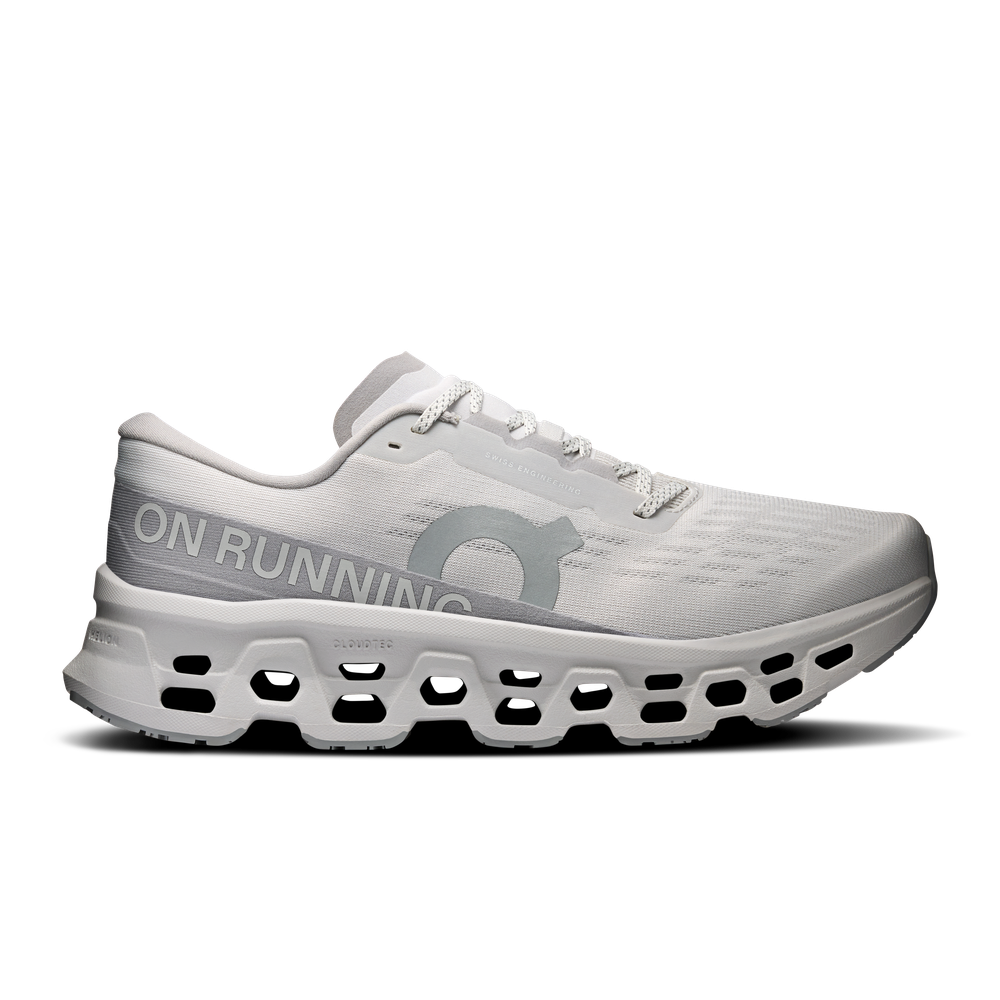 On Cloudmonster 3 running shoe in wolf grey colorway with signature cloud sole
