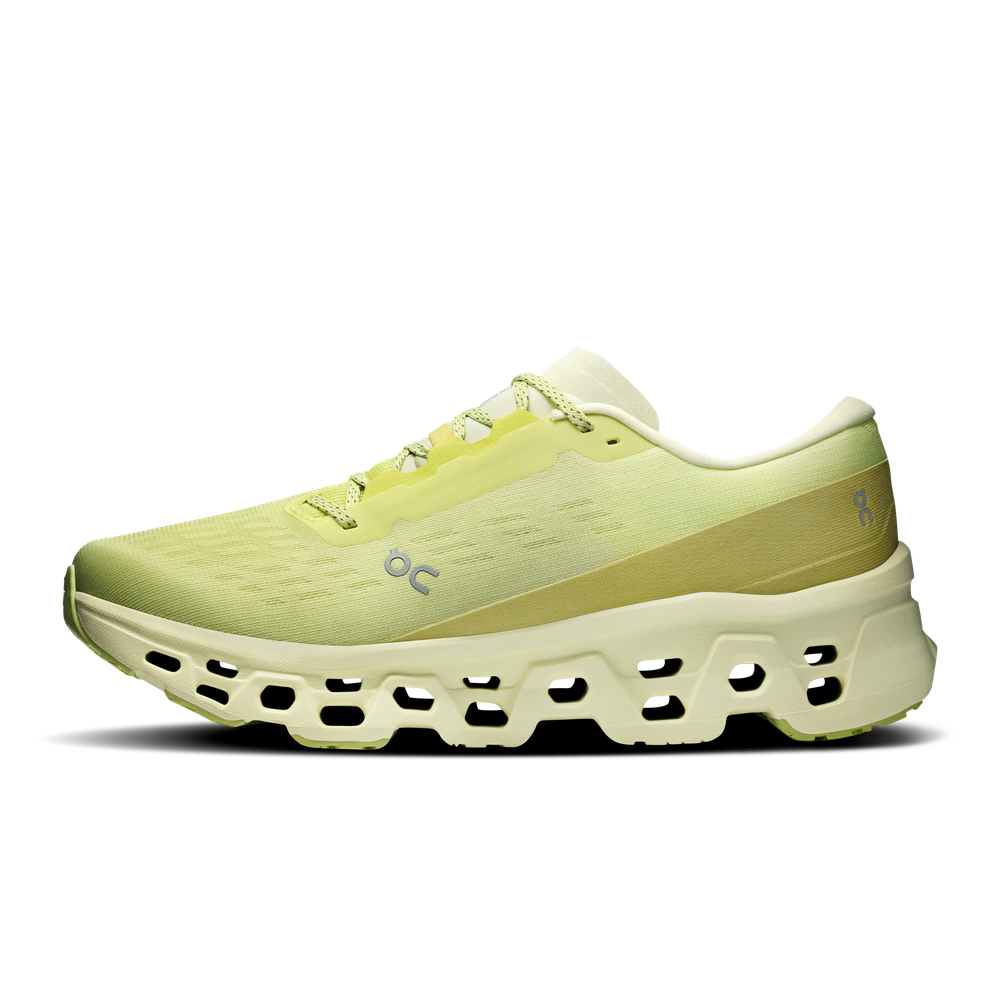 On Cloudmonster 3 running shoe in limelight green with distinctive cloud sole technology