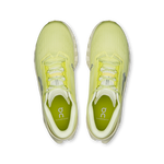 On Cloudmonster running shoes in bright lime green colorway, top-down view