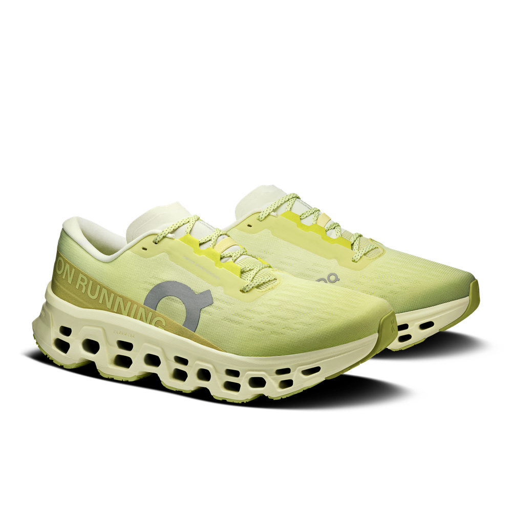 On Cloudmonster 3 running shoes in limelight green with distinctive perforated sole