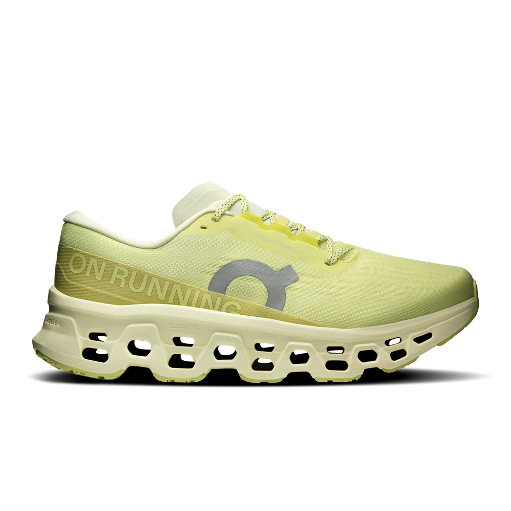 On Cloudmonster 3 running shoe in limelight green with distinctive cloud sole technology