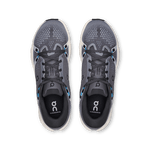 On Cloudsurfer running shoes in dark gray with blue accents, top view showing mesh upper
