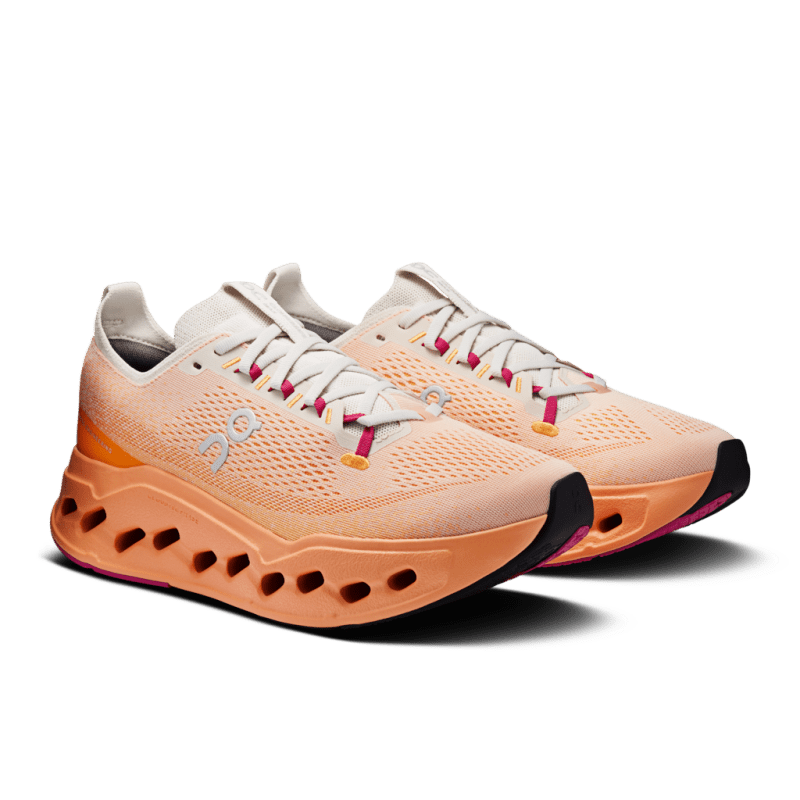 On Cloudsurfer Max Men's running shoes in Pearl/Tangerine colorway with distinctive perforated sole