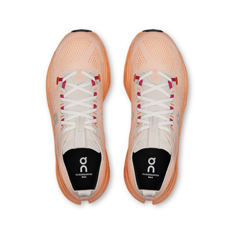 On Cloudsurfer Max men's running shoes in pearl and tangerine colorway
