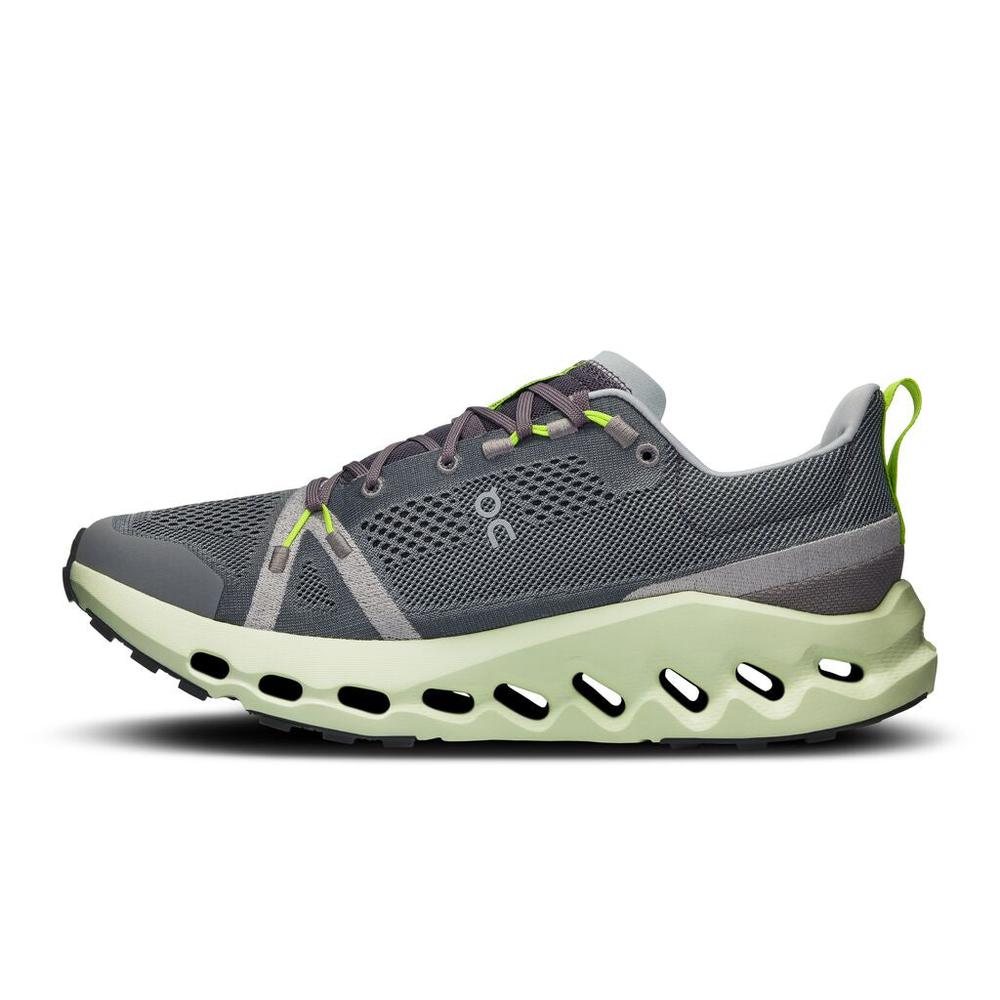 On Cloudsurfer Trail running shoe in iron gray with lime green accents and signature sole