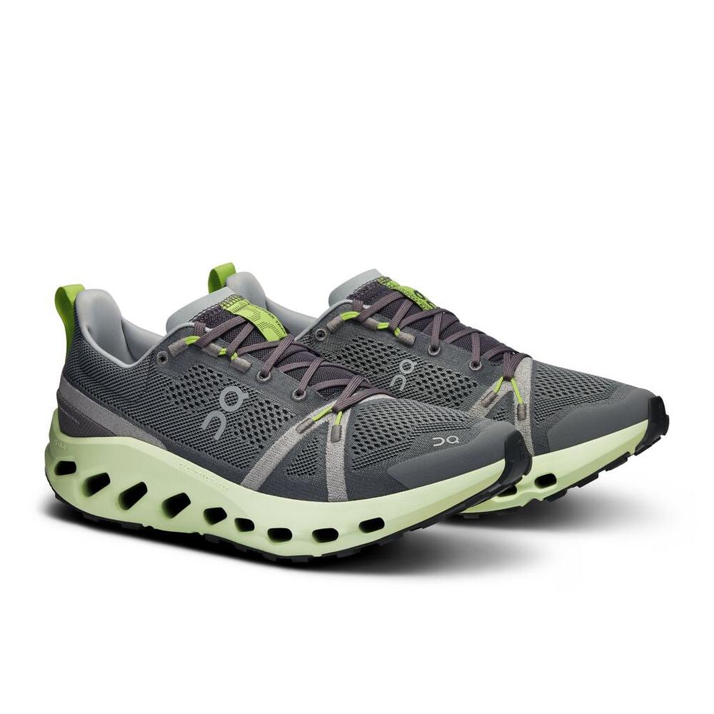 On Cloudsurfer trail running shoes in gray and lime green colorway