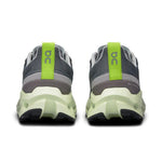On Cloudsurfer trail running shoes in iron gray and lime colorway, rear view