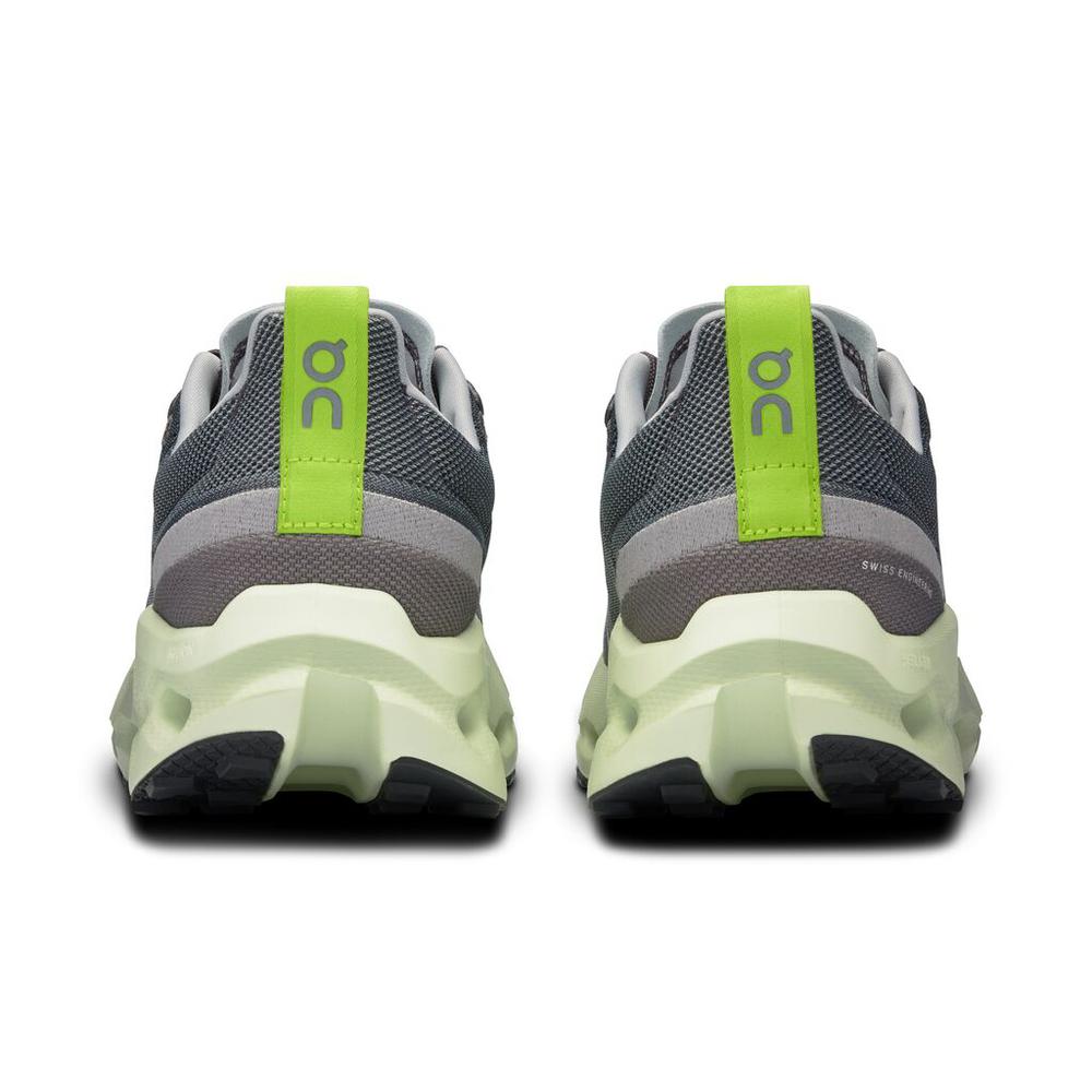 On Cloudsurfer trail running shoes in iron gray and lime colorway, rear view