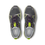 On Cloudsurfer Trail running shoes in iron gray with lime green accents, top view