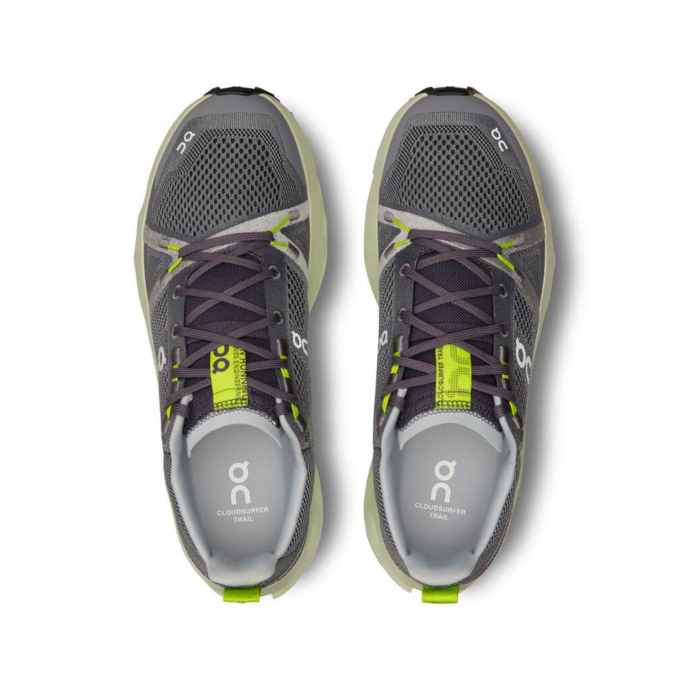 On Cloudsurfer Trail running shoes in iron gray with lime green accents, top view
