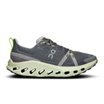 On Cloudsurfer Trail running shoe in iron gray with lime green accents