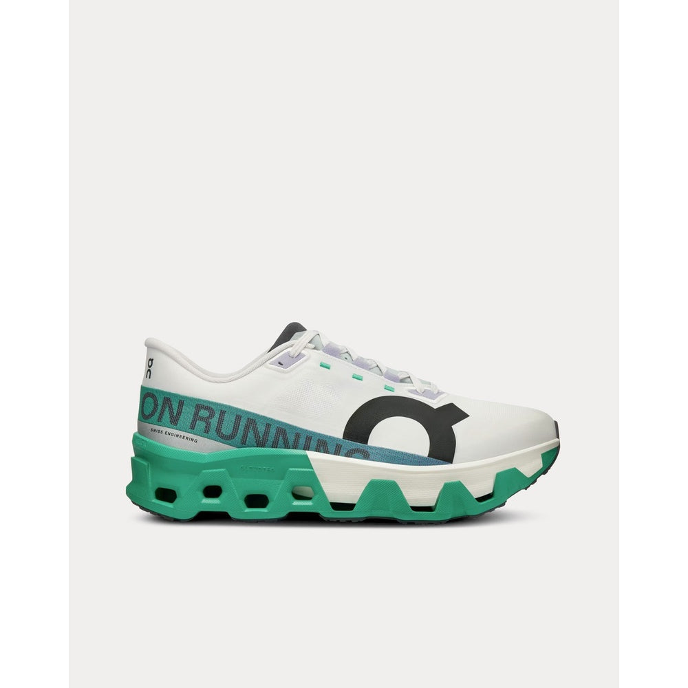 On Cloudmonster Hyper running shoe in white with mint green sole and accents