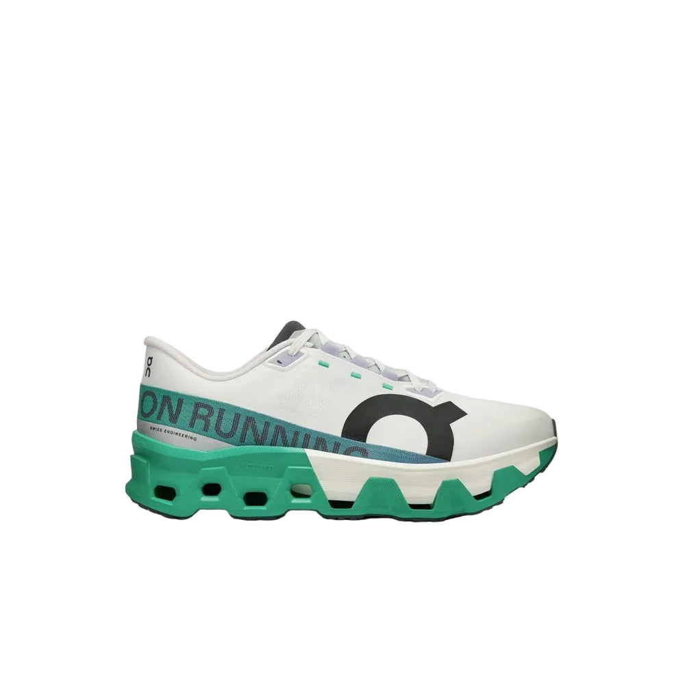 On Cloudmonster Hyper running shoe in white with mint green sole and accents