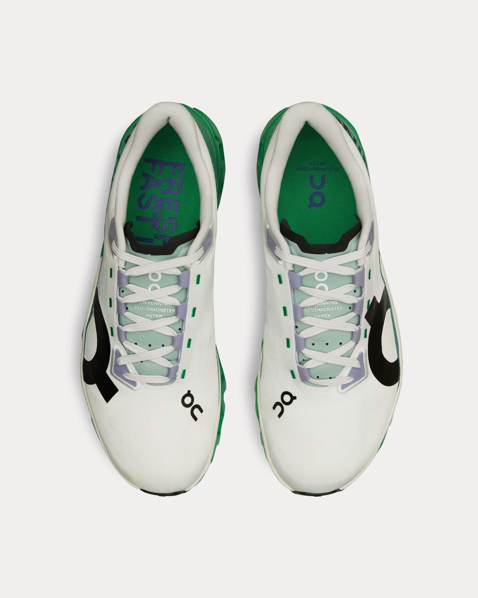 On Cloudmonster Hyper running shoes in white with mint green and black details