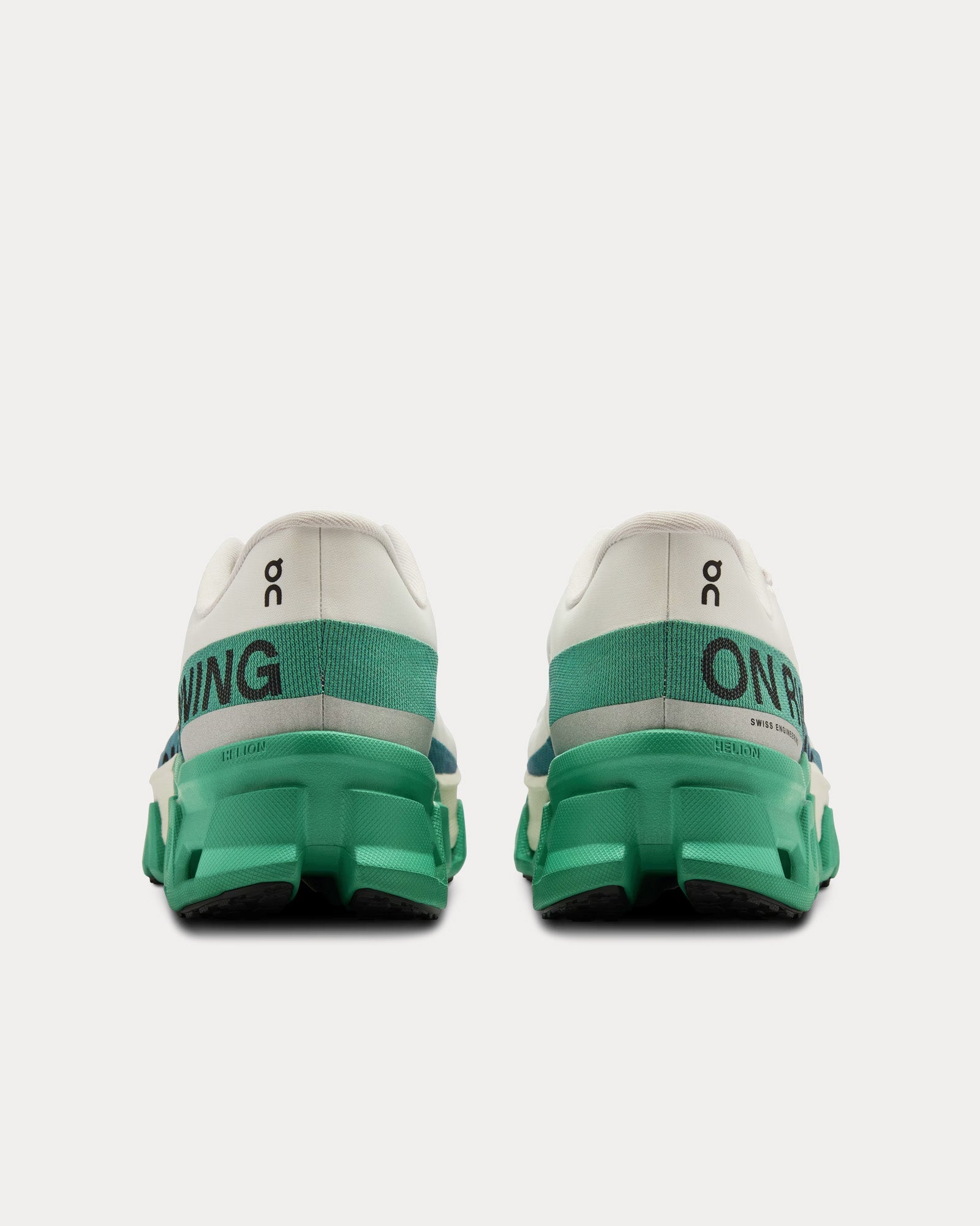 On Cloudmonster Hyper running shoes in undyed white with mint green sole and heel details