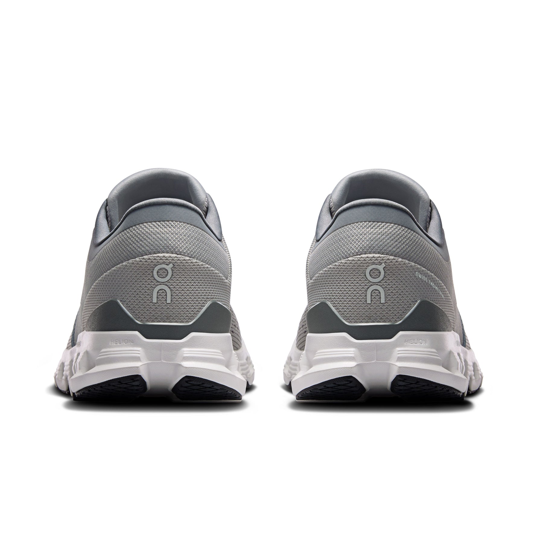On Cloud X 4 running shoes in alloy grey and ivory, rear view showing heel design