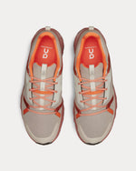 On Cloudhorizon men's running shoes in fog and mahogany colorway with orange laces