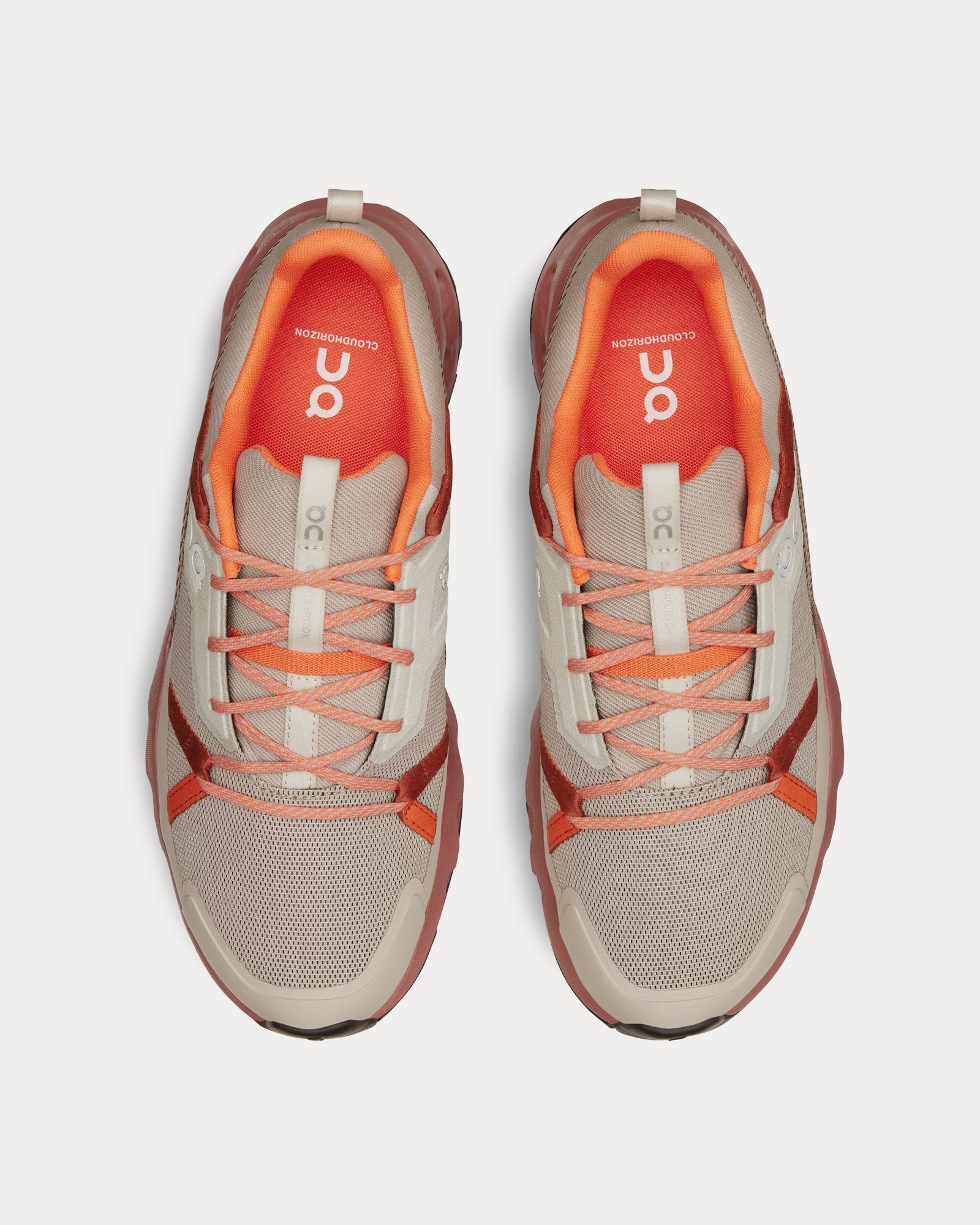 On Cloudhorizon men's running shoes in fog and mahogany colorway with orange laces