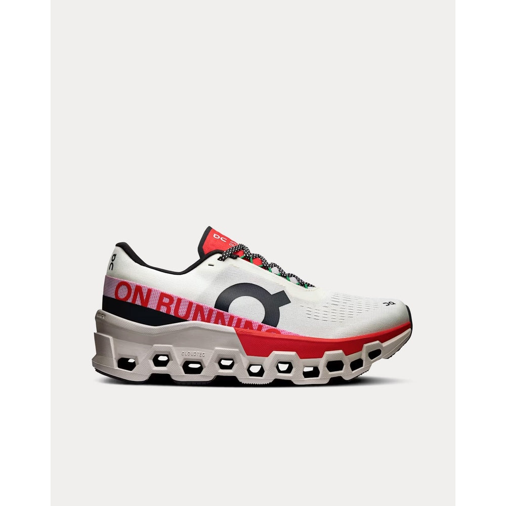 On Cloudmonster 2 running shoe in ivory white with red accents and CloudTec sole