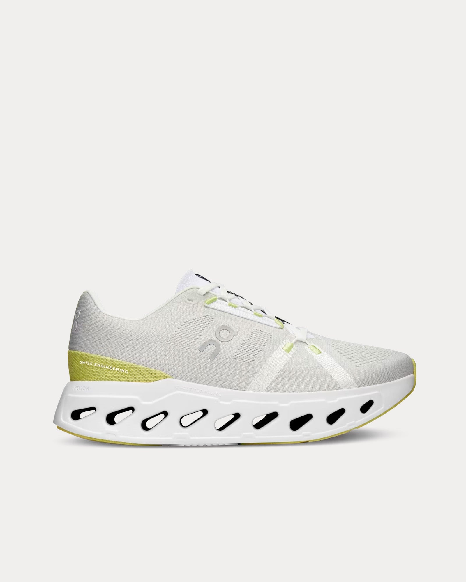 On Cloudeclipse running shoe in white and sand with lime green details