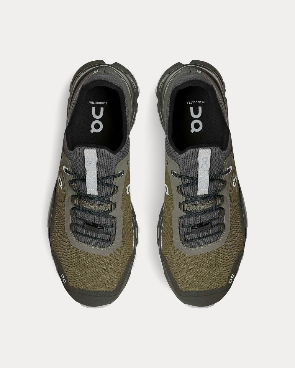 On Cloudultra men's trail running shoes in olive and eclipse colorway, top view