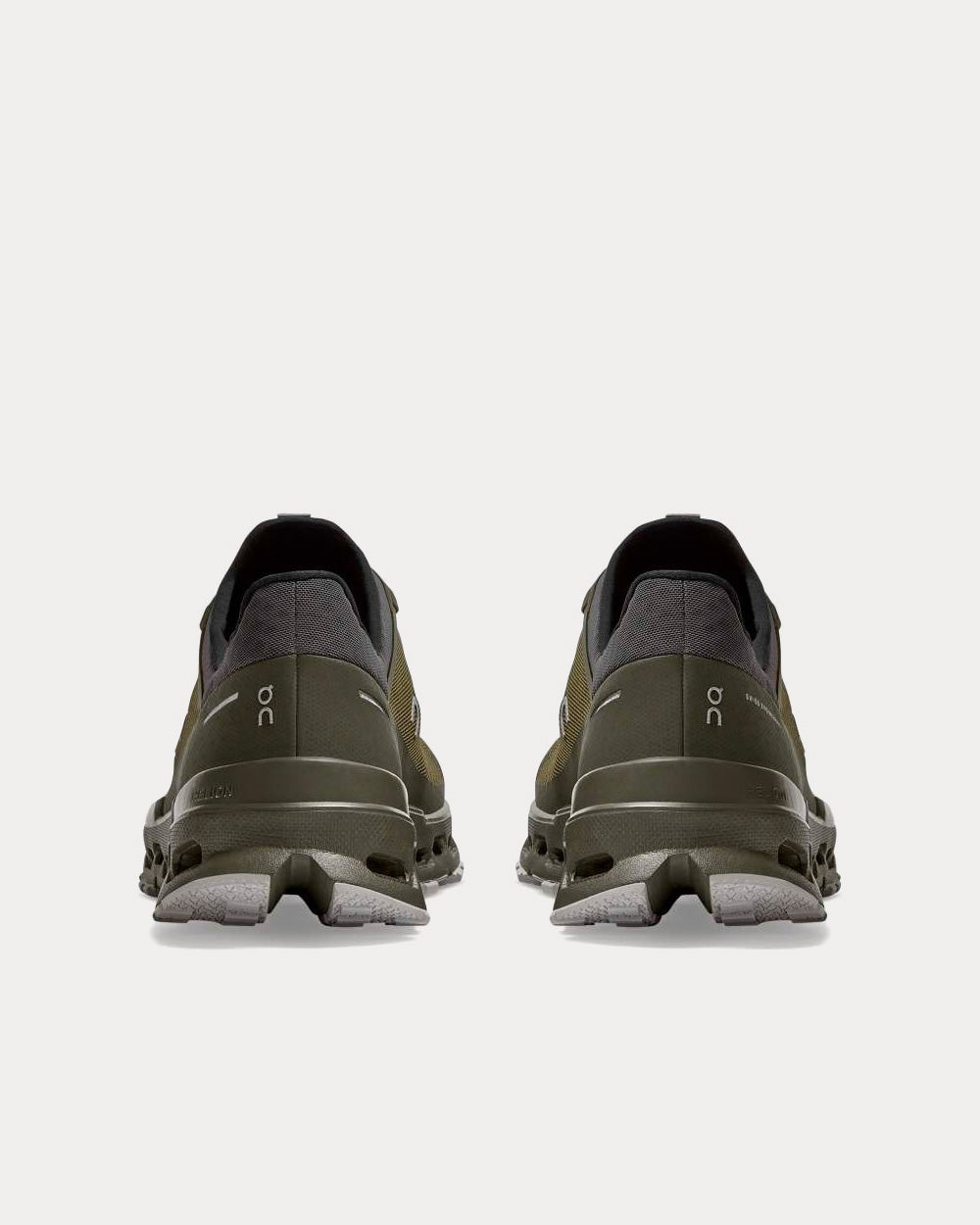 On Cloudultra men's running shoes in olive green shown from rear view pair