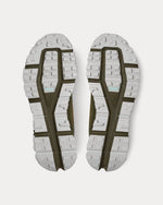 On Cloudultra men's running shoe outsoles in olive and gray colorway
