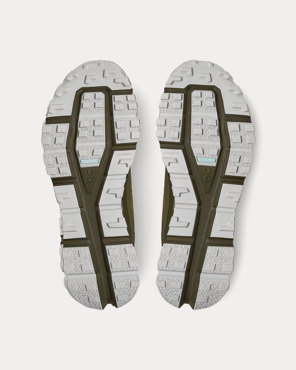 On Cloudultra men's running shoe outsoles in olive and gray colorway