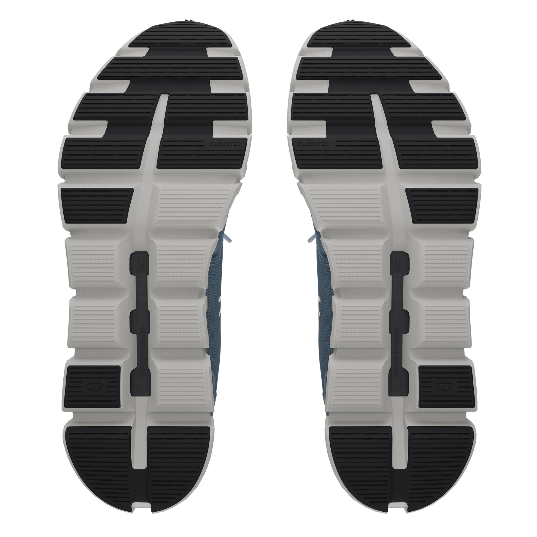 On Cloud 6 running shoes sole view showing blue upper and white CloudTec outsole