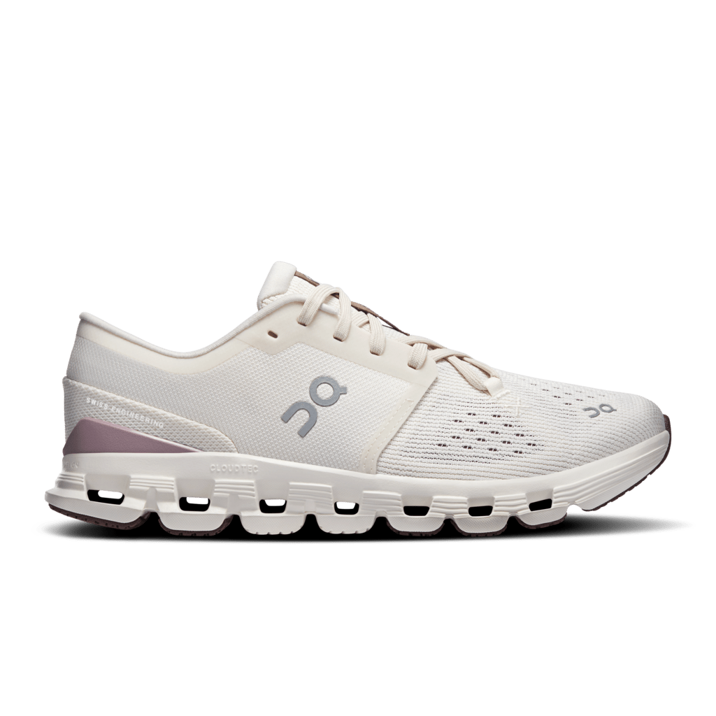 On Cloud X 4 women's running shoe in ivory and heron colorway