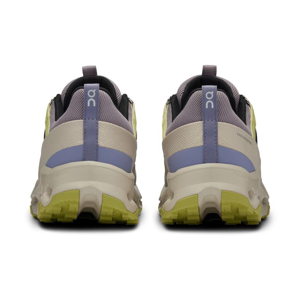 On Cloudhorizon women's running shoes in zinc/sand colorway with lime sole