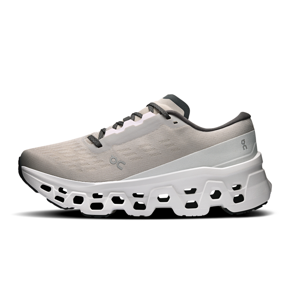 On Cloudmonster 3 running shoe in ivory and tin colorway with signature CloudTec sole