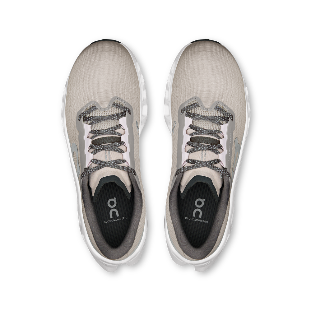 On Cloudmonster 3 running shoes in ivory and tin colorway, top view