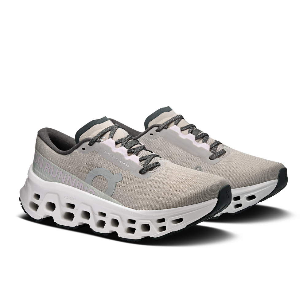 On Cloudmonster 3 running shoes in ivory and tin colorway with signature CloudTec sole