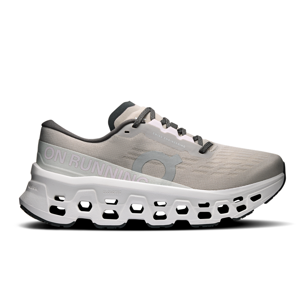 On Cloudmonster 3 running shoe in ivory and tin colorway with distinctive cloud sole