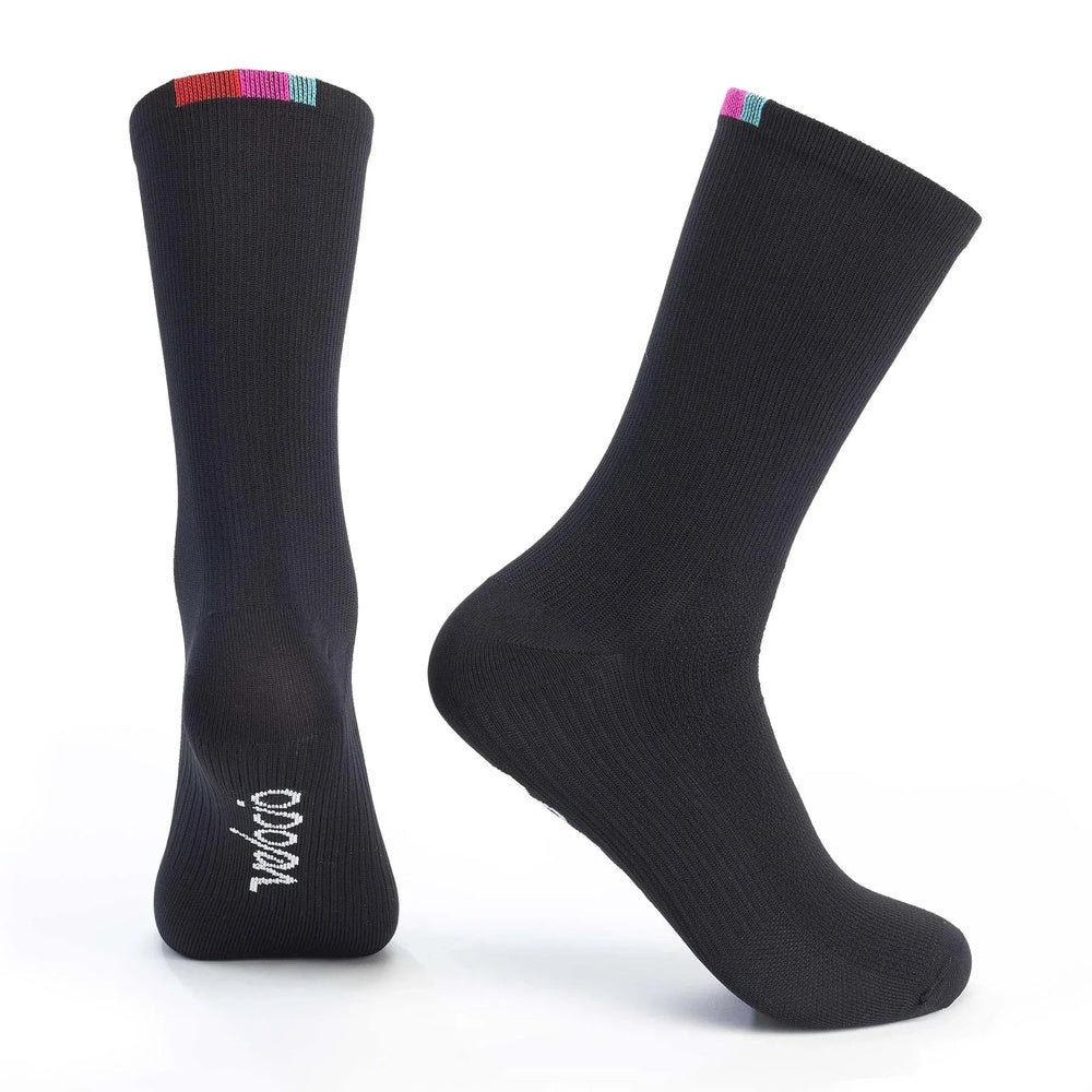 Black Velocio cycling socks with colorful striped cuff against white background