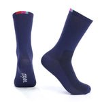Navy blue Velocio Terra cycling socks with colorful cuff stripe shown from multiple angles