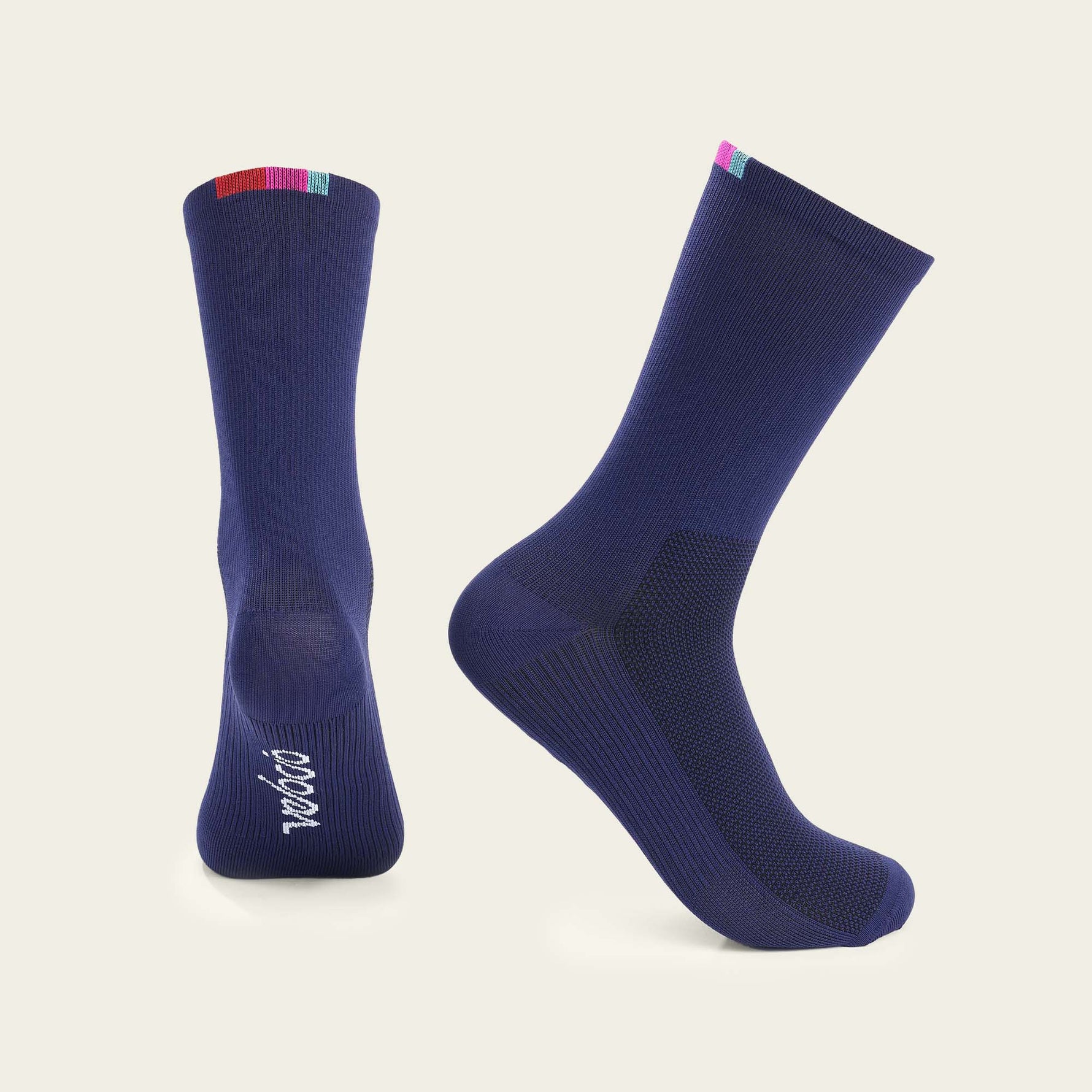 Velocio Terra cycling socks in navy blue with colorful cuff details