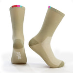 Velocio Terra cycling socks in tan with red, pink, and blue cuff stripes