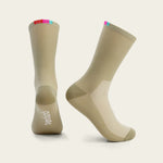 Velocio Terra cycling socks in tan color with colorful top stripes