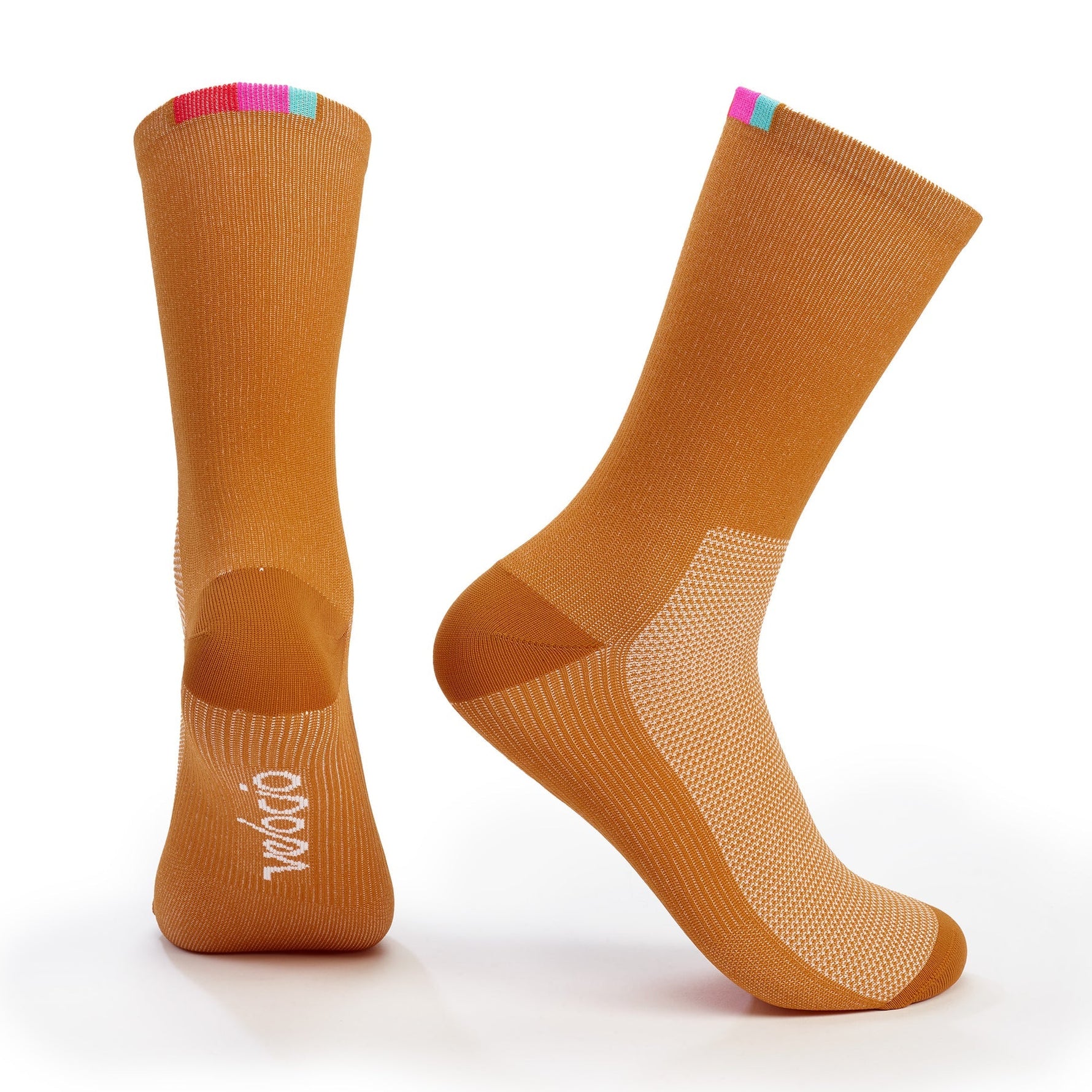 Orange Velocio cycling socks with colorful cuff detail and professional studio photography