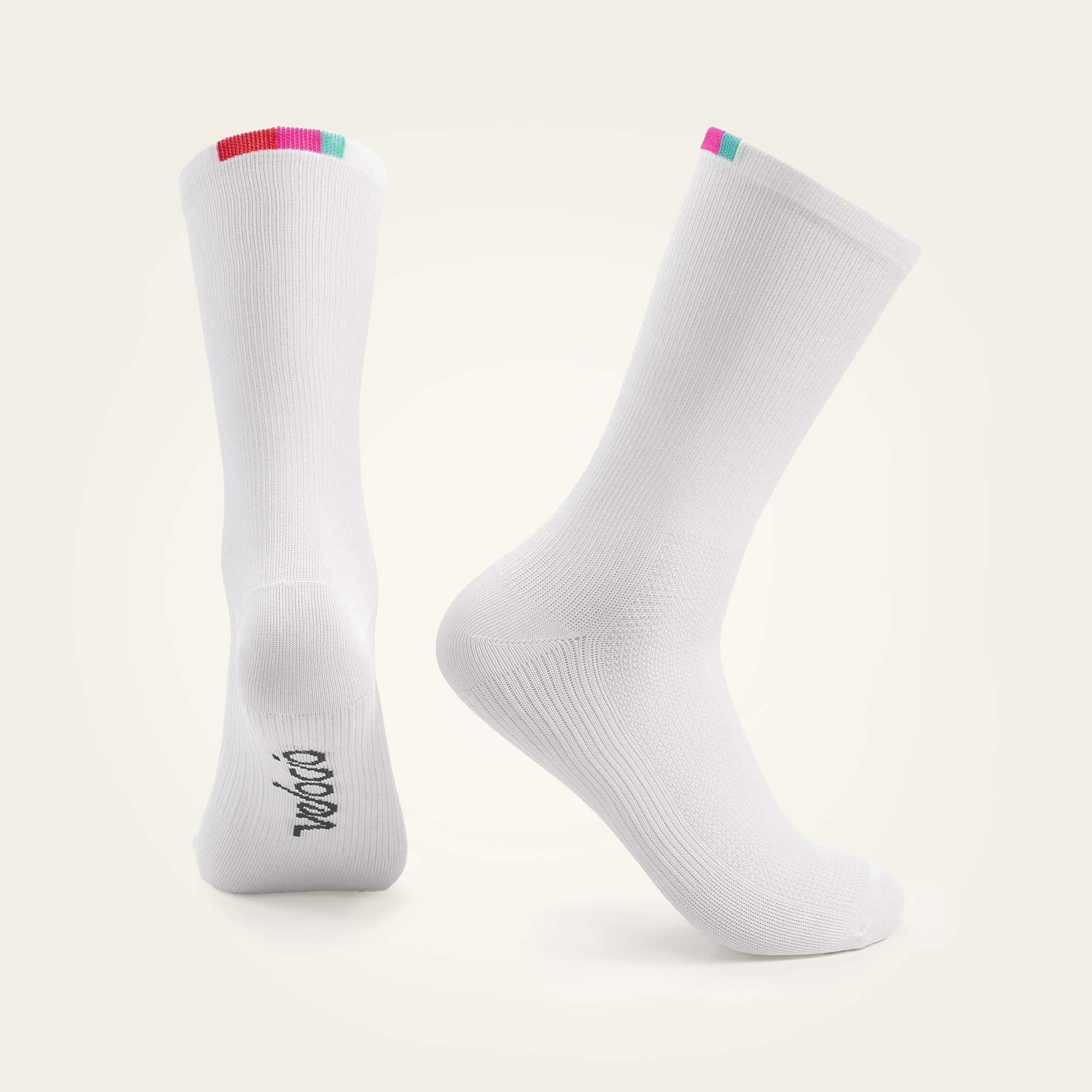 White Velocio Terra cycling socks with colorful striped cuff detail