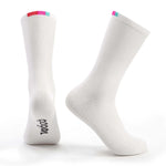 White Velocio cycling socks with multicolor striped cuff on clean background