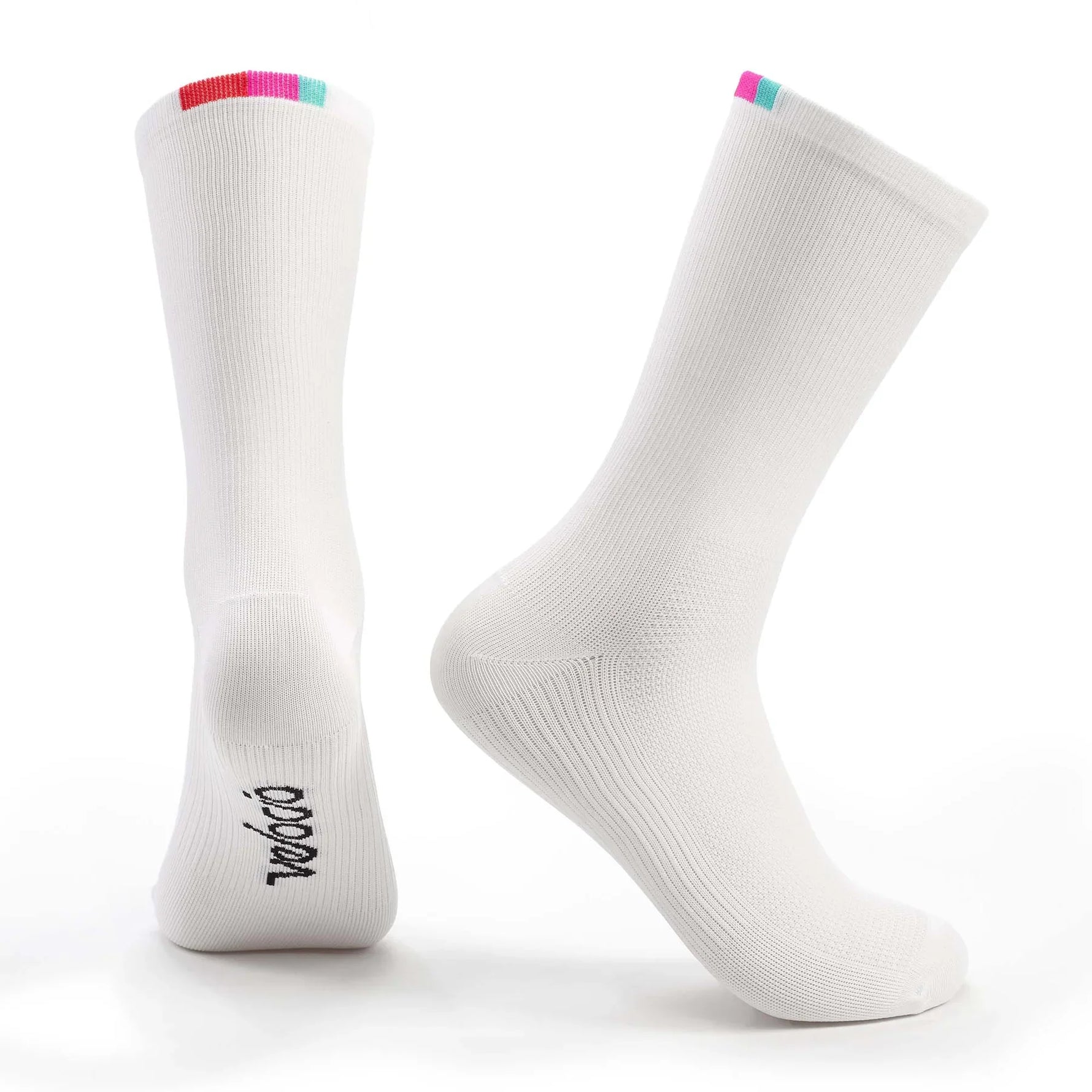 White Velocio cycling socks with multicolor striped cuff on clean background